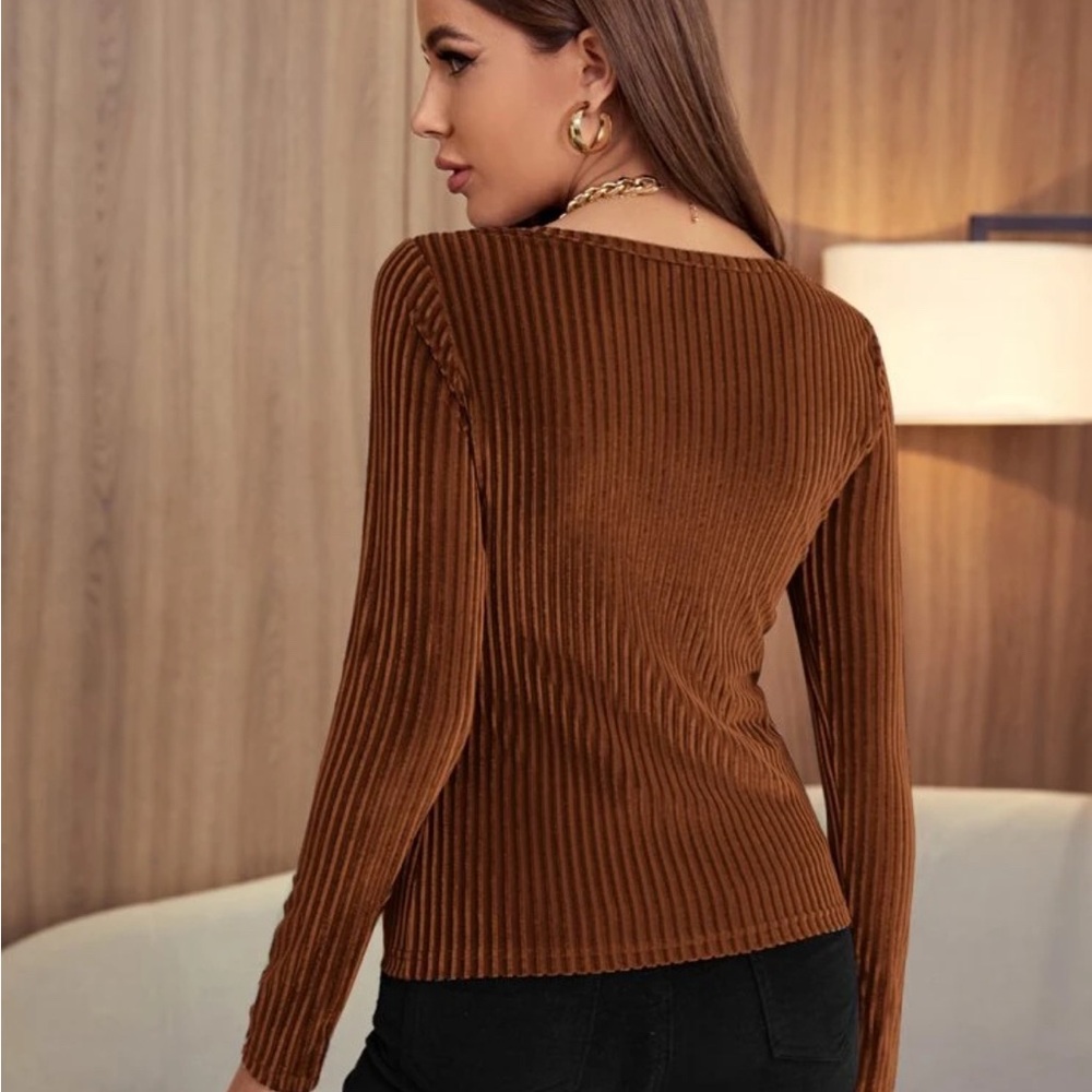 Brown Ribbed Long Sleeve Top - Picture 4 of 5